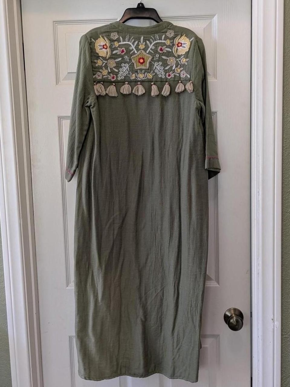 Soft Surroundings Olive Embroidered Tassel Maxi Dress